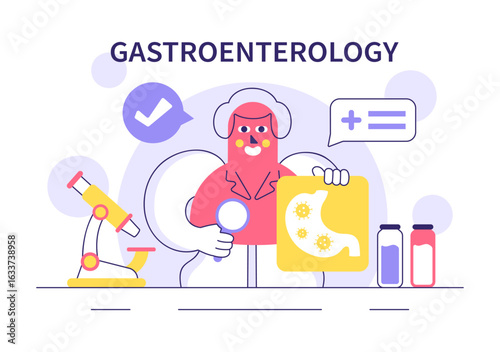 Stomach Health Gastroenterology Vector Illustration Featuring Abdominal Pain and Medical Research for Healthcare in a Flat Style Cartoon Background