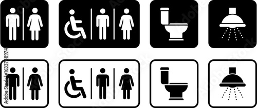Washroom signs. Restroom or toilet door sign set gents, ladies, disabled, baby changing. WC sign. Female or male restroom. WC door plate symbol. Printable sticker. Vector illustration.