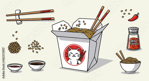 Kawaii noodles takeout box with cat