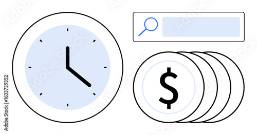 Clock with three currency stacks and a search bar symbolizing time management, financial planning, and optimization. Ideal for work efficiency, productivity, goal setting, budgeting, business