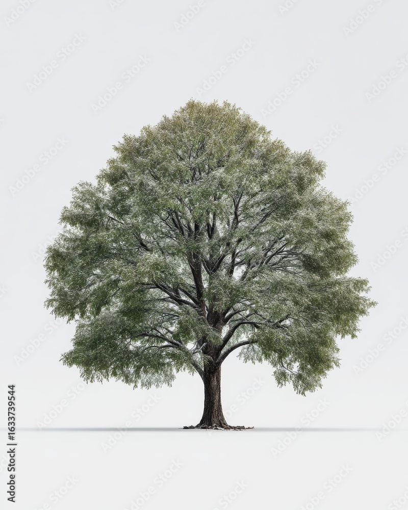 Obraz premium Full shot of a large tree, light gray-green leaves, against a plain white background