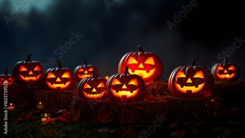 Wallpaper Mural 4K Spooky Halloween Background with Glowing Jack-o'-Lanterns on Hay and Fog in Twilight Scene Torontodigital.ca