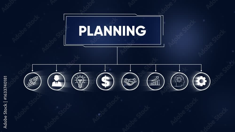 Animated process flow diagram with rocket and gear icons for business ...