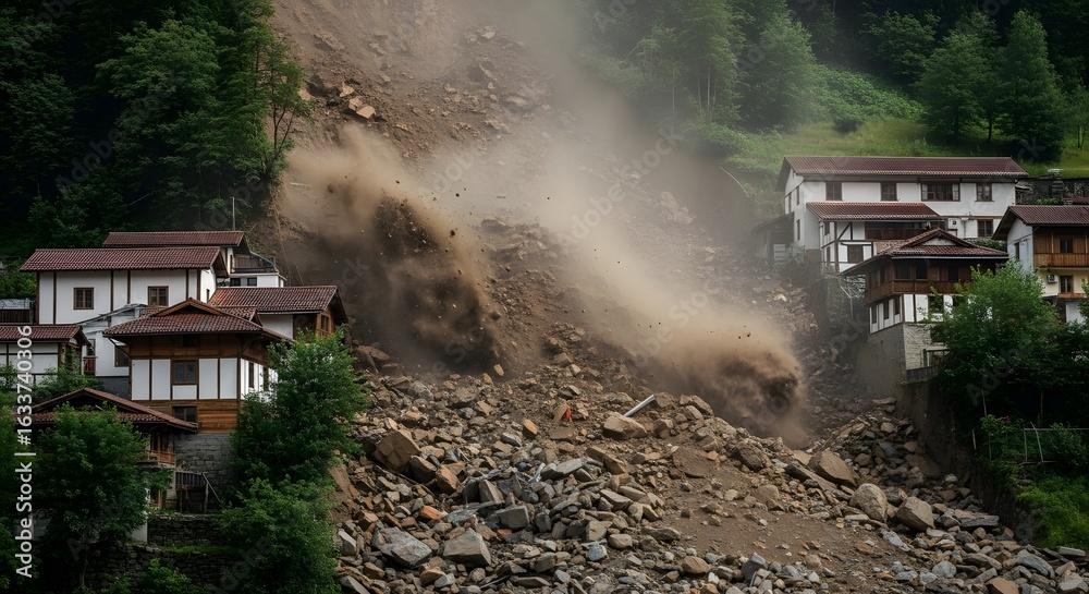 Fototapeta premium Devastating landslide engulfs a remote village, causing widespread destruction and fear