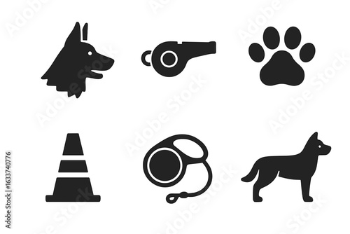 Solid black shepherd dog icons set. Vector collection of German shepherd head, dog silhouette, training whistle, paw print, agility cone, retractable leash. Sheepdog training concept illustration.