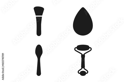 Solid Skincare Application Tools Icon Set. Beauty Brush, Foundation Blender Sponge, Silicone Skincare Spatula, Jade Stone Facial Roller. Black Silhouette Vector Cosmetic Accessories Collection
