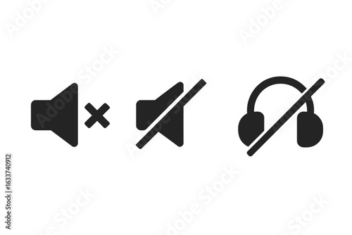 Mute Sound Volume Off Icon Set. Speaker Silent Symbol. Noise Canceling Headphones, Audio Mute, No Sound, Silence, Audio Control, Sound Suppression Tools Isolated Vector Illustration