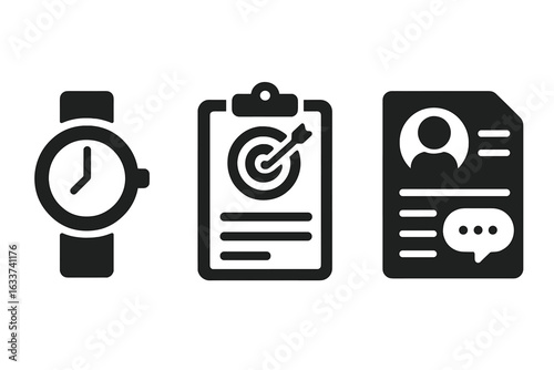 Student Self-Monitoring Tools Vector Icons Set. Solid Wristwatch, Goal Tracking Chart, Reflection Sheet. Education Progress Tracker, Goal Setting, Time Management, Academic Performance Review Concept