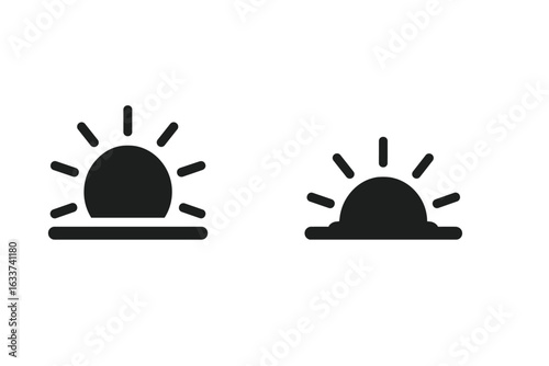 Sunrise and Sunset Icon Set. Solid Vector Symbols of Rising Sun, Setting Sun, Sunrise, Sunset, Morning, Evening, Day, Night, Sunlight, Sunbeams, Minimal Style, Silhouette, Weather, Nature Concept
