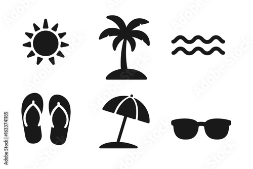 Summer beach icon set, flat vector illustration, solid filled tropical symbols, sun, palm tree, waves, flip flops, beach umbrella, sunglasses, holiday vacation, seaside travel essentials