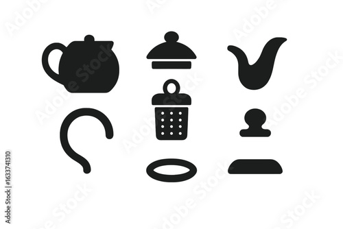 Teapot Parts Icons Set. Solid Black Filled Vector Illustration Featuring Teapot Body, Lid, Spout, Handle, Tea Infuser, Knob, Base Ring. Kitchen Utensil Components Isolated On Transparent Background