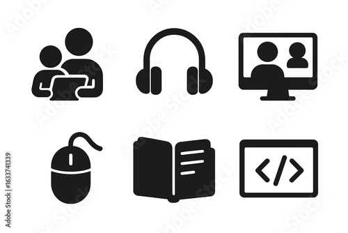 Modern Digital Learning and Technology Icon Set. Parent Child Tablet, Headphones, Video Conference, Computer Mouse, E-Book, Coding, Online Education, E-Learning Tools, Remote Work.