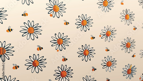 Seamless pattern with daisies and bees on a light beige background in a repeating floral design style