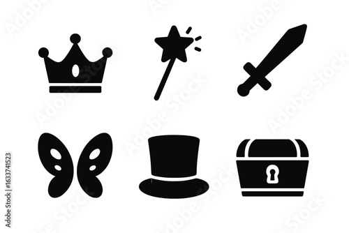 Theatrical props icons vector set. Solid filled silhouette icons of kid costume accessories: crown, magic wand, sword, top hat, fairy wings, treasure chest. Fantasy party play elements illustration.