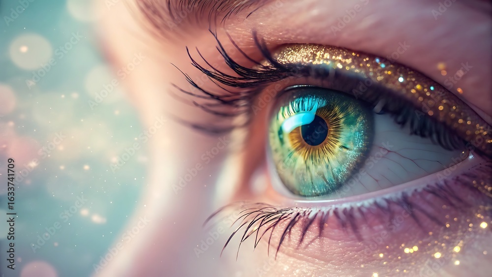 Fototapeta premium Emerald eye with golden glitter green eyelashes