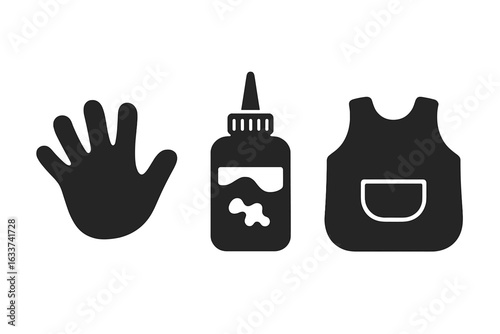 Toddler art activity icons, vector handprint, glue bottle, and art smock silhouette set. Kids painting, preschool crafts, early childhood creative tools, art supply clipart, DIY classroom materials