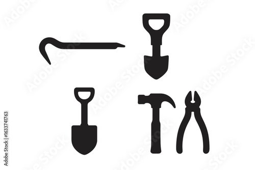 Solid Black Construction and Gardening Tools Icon Set. Vector Silhouette Symbols of Crowbar, Shovel, Hammer, Wire Cutter, Stake Puller for Repair, Maintenance, Building, Landscaping, DIY Projects