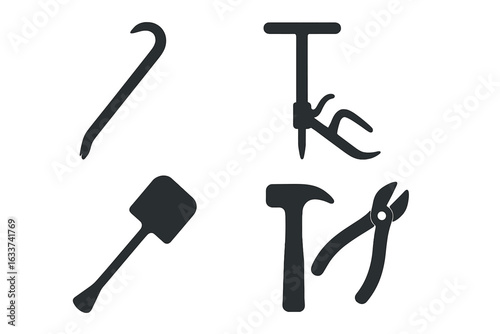 Solid silhouette icons set of construction and garden tools for maintenance and repair. Crowbar, stake puller, shovel, hammer, wire cutter. Vector illustration isolated on transparent background