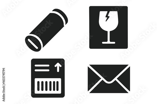 Shipping and Mailing Solid Icon Set – Mailing Tube, Fragile Symbol, Shipping Label, Envelope. Parcel Packaging Logistics, Postal Service Signs, Delivery Elements, Transport Vector Illustration