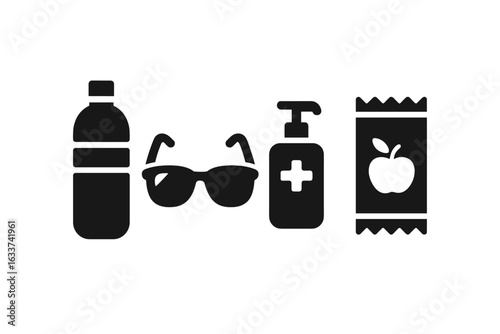 Essential Travel Icons Set. Solid Filled Vector Illustrations of Personal Items Including Water Bottle, Sunglasses, Hand Sanitizer, Healthy Snack Bar. Modern Minimal Travel Accessories Clipart