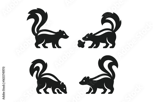 Skunk silhouette vector icons, solid filled set of skunks in nature, standing skunk, spraying skunk, foraging animal, bushy curled tail, wildlife animal mascot, cartoon style