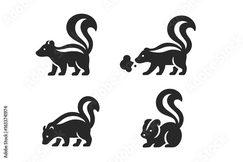 Skunk silhouette vector icons set, wild animal behavior collection. Black filled skunk with curled tail, spraying skunk, foraging skunk, standing skunk, cute cartoon wildlife illustration