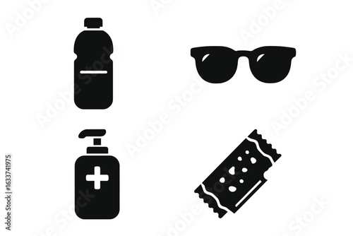 Essential Travel Icons Collection. Black Solid Vector Set of Personal Items Including Water Bottle, Sunglasses, Hand Sanitizer, Snack Bar. Minimalist Packing Checklist Symbols for Travelers