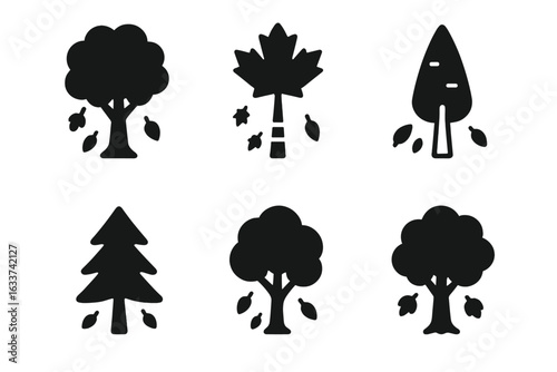Solid silhouette tree icon set with falling leaves. Filled vector illustration of oak tree, maple tree, birch tree, pine tree, elm tree. Autumn deciduous and coniferous tree symbols grid.