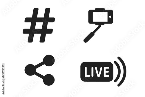 Social media vector icon set. Hashtag, selfie stick, share symbol, live stream. Modern social network symbols, digital communication signs, influencer content concept. Black solid icons illustration.
