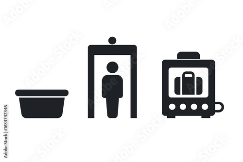 Airport security checkpoint icons set. Solid style vector illustrations of TSA essentials: plastic bin, walk-through metal detector, X-ray baggage scanner. Security screening procedure symbols.
