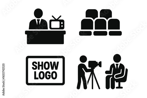 TV talk show icons set. Vector silhouette symbols of television host at desk, audience seating, show logo display, camera operator, on-air guest. Media production, broadcast studio, interview visual.