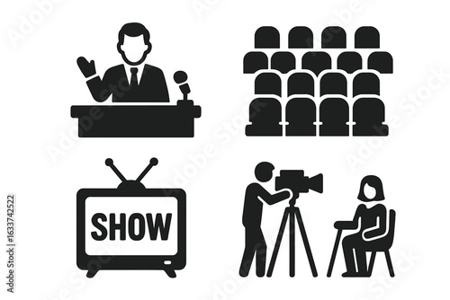 TV talk show icons set. Host at podium, studio audience seats, television show logo, cameraman filming guest. Broadcast, interview, recording, media, journalism, communication concept vector