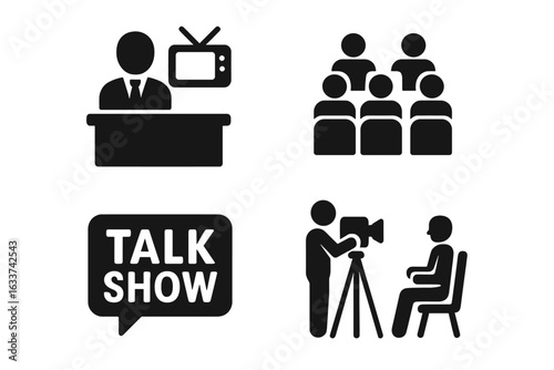 TV show vector icon set. Solid filled icons of talk show setup, TV host at desk, live studio audience, talk show speech bubble logo, camera crew filming guest interview. Television production symbols.