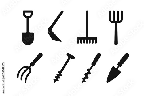 Solid Black Garden and Farming Tools Vector Icons Set. Spade, Hoe, Rake, Pitchfork, Hand Cultivator, Soil Auger, Trowel. Agriculture Gardening Implements Isolated on Transparent Background