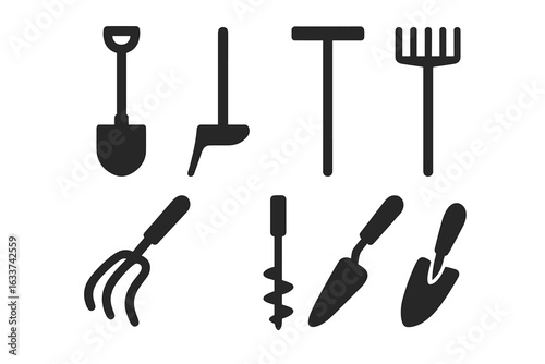 Gardening and Soil Cultivation Tools Vector Icon Set. Black Silhouette Collection of Spade, Hoe, Rake, Pitchfork, Hand Fork, Soil Auger, Trowel for Farming, Landscaping, Agriculture, Horticulture
