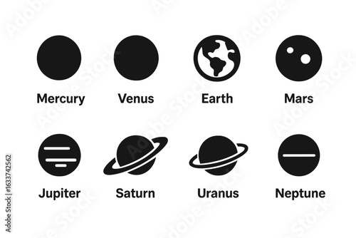 Solar system planets vector icons set. Filled solid black planet symbols for Mercury, Venus, Earth, Mars, Jupiter, Saturn, Uranus, Neptune. Astronomy, space exploration, educational clipart isolated