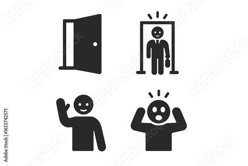 Solid Filled Icon Set of Unexpected Encounters, Open Door, Surprise Visitor, Greeting, Waving Person, Shocked Startled Reaction, Human Figures, Emotional Gestures, Conceptual Vector Illustration
