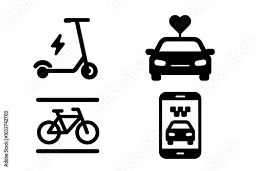 Urban Mobility Icons Set. Electric Scooter, Bike Lane Symbol, Ride Share Car with Heart, App-Based Taxi Hailing. Modern Smart Transportation, City Commuting, Eco-Friendly Transit Vector Illustration.
