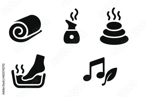 Spa Wellness Icons Set. Black Solid Vector Symbols of Relaxation: Rolled Towel, Facial Steamer, Hot Stones, Foot Soak, Soothing Music. Massage, Aromatherapy, Sauna, Beauty, Spa Treatment Elements
