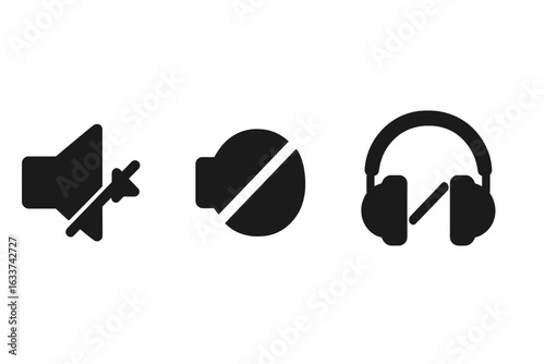 Sound suppression icons set. Mute speaker symbol, volume off, noise cancelling headphones, silent mode, audio control, sound reduction, black solid vector sign for user interface, apps, technology.