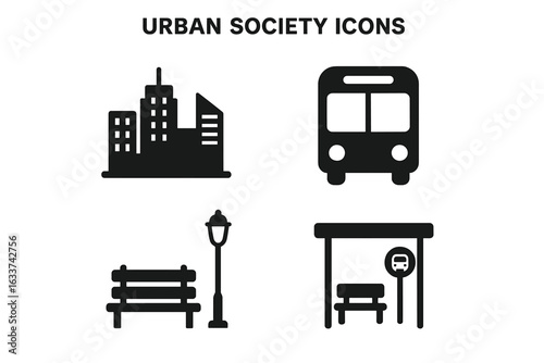 Urban society icons set, black silhouette city skyline, public transport symbols, bus, bus stop, park bench, street lamp, infrastructure elements, vector illustration isolated