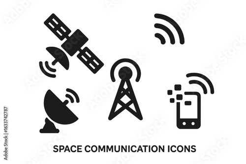 Space communication icons set. Black solid vector illustrations of satellite, dish, radio antenna, wireless signal waves, mobile device, wifi, data transmission, technology symbols, isolated.