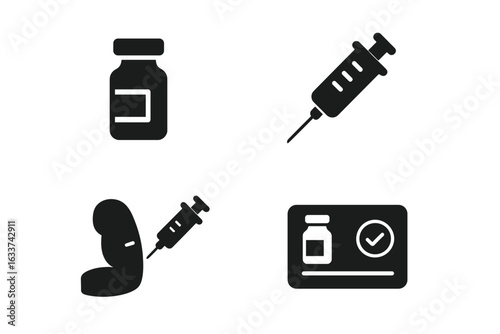 Vaccination vector icon set. Solid filled symbols for vaccine vial, syringe, arm injection, vaccination card. Immunization campaign, covid-19, flu shot healthcare concept, medical illustration