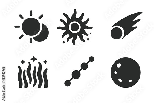 Cosmic Space Phenomena Icons Set. Solid Filled Vector Symbols of Solar Eclipse, Nova Explosion, Comet, Aurora Borealis, Planetary Alignment, Moon Surface. Astronomy, Universe, Outer Space Illustration