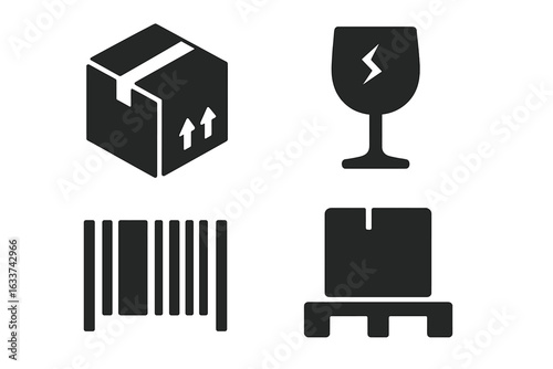 Shipping and Logistics Solid Icons Set. Vector Collection of Packaging Symbols: Cardboard Box, Fragile Glass Label, Barcode, Storage Pallet. Transport, Delivery, Warehouse, Shipping Logistics