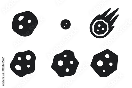 Solid Space Rock Icons Set. Filled Vector Illustration of Asteroids, Meteoroids, Meteorites, Bolides, Micrometeorites, Stony and Iron Space Objects. Cosmic Debris Silhouette Symbols Isolated