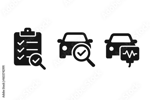 Vehicle inspection icons set. Car maintenance diagnostic symbol collection. Auto checklist, quality control, technical checkup, service test, car assessment, preventive inspection vector illustration
