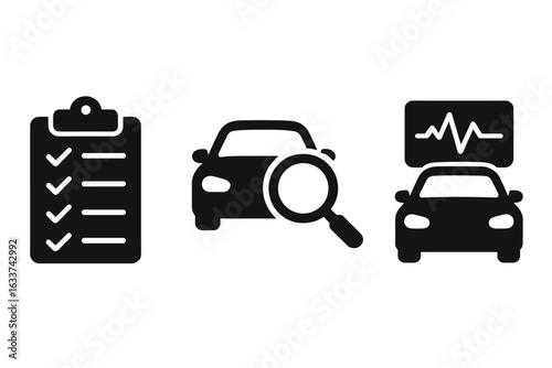 Vehicle inspection icons set. Solid filled vector illustration of automotive checklist clipboard, car with magnifying glass, diagnostic test, repair tools. Car maintenance symbols isolated.