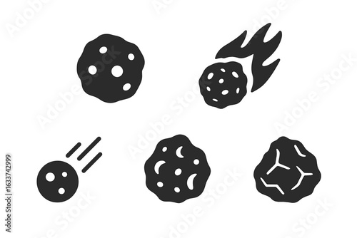 Solid Vector Space Rock Icons Set—Asteroid, Meteorite, Micrometeorite, Bolide, Meteoroid, Iron, Stony Meteorite, Impact Debris, Comet, Space Object, Astronomy, Cosmic Rock, Black Silhouette Isolated