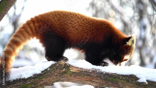 Red panda walking on snow covered branch in natural setting